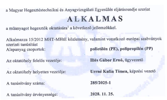 MHtE - Felk&eacute;sz&iacute;t&eacute;s műanyagcső-hegesztő minős&iacute;tővizsg&aacute;ra